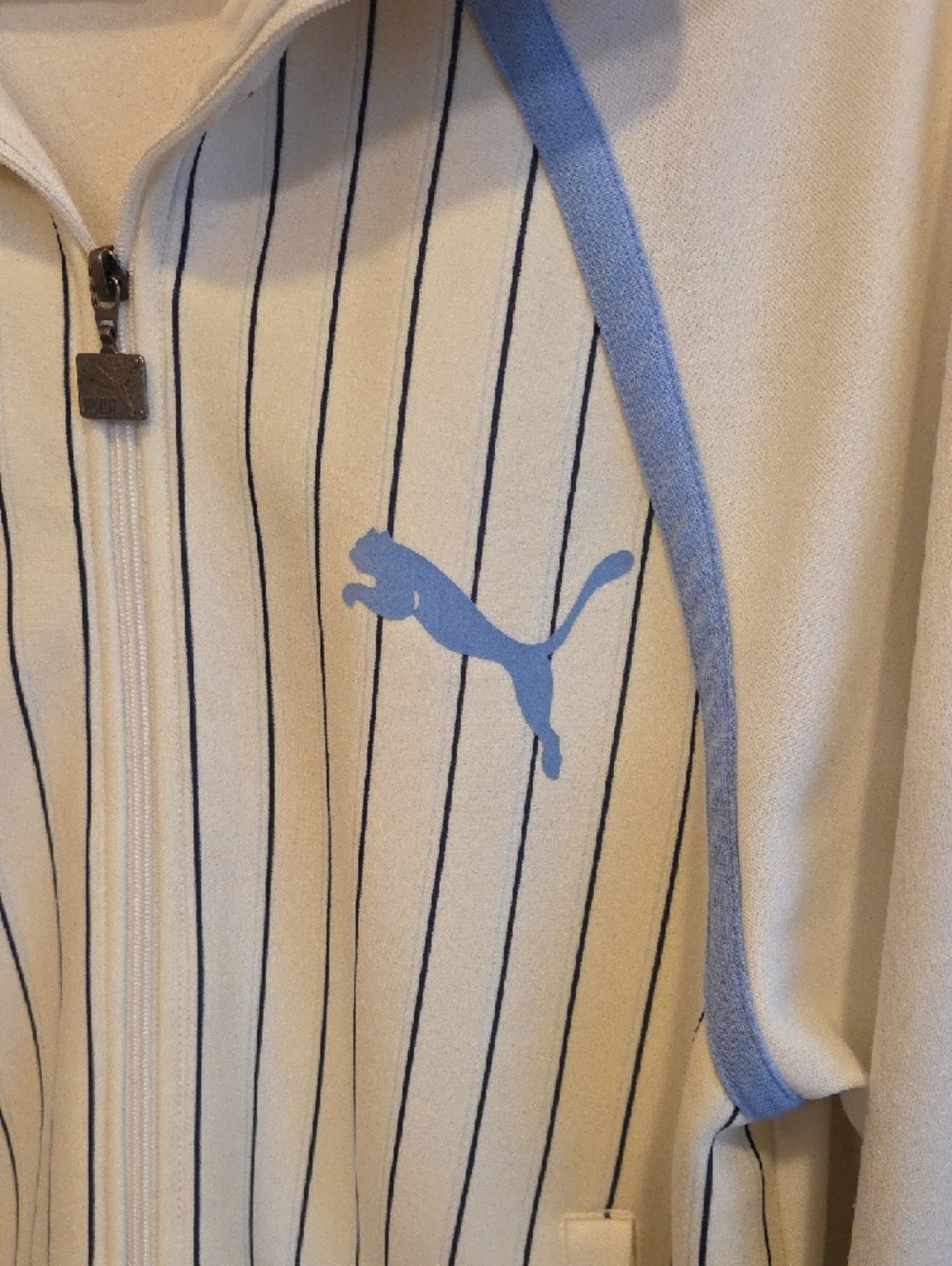 VINTAGE 70s Puma White Track Jacket with Light Blue Accents and Navy Pinstripes - Picture 3 of 8